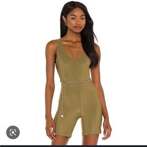 WeWoreWhat ribbed green active romper with chain belt